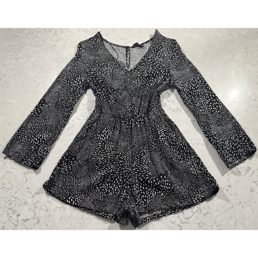 ROXY Spirit Awakes Romper Womens Small Black White Abstract Print Long Sleeve
